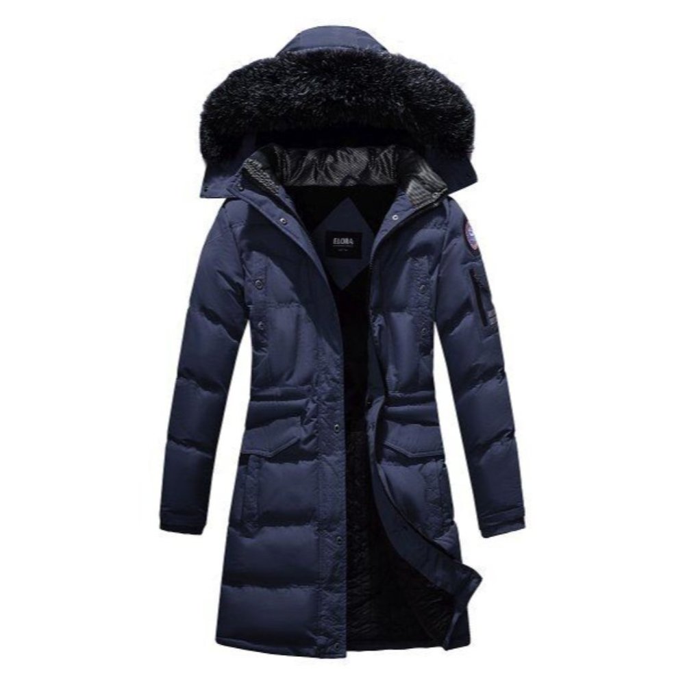 Elora The Whole Shebang - Navy Quilted Fuzzy-Hood Puffer Parka In Size: L